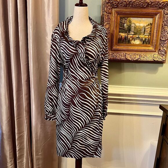 EUC Elizabeth McKay Silk Ruffle Neck L/S Brown White Zebra Wrap Dress Size 2 - Picture 1 of 4
